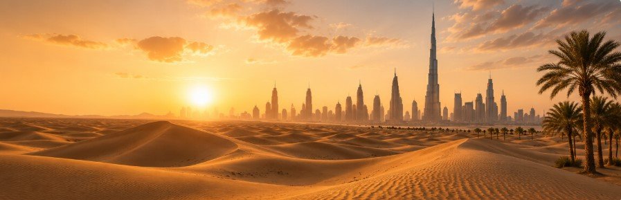 Dubai skyline rising beyond the desert at golden hour